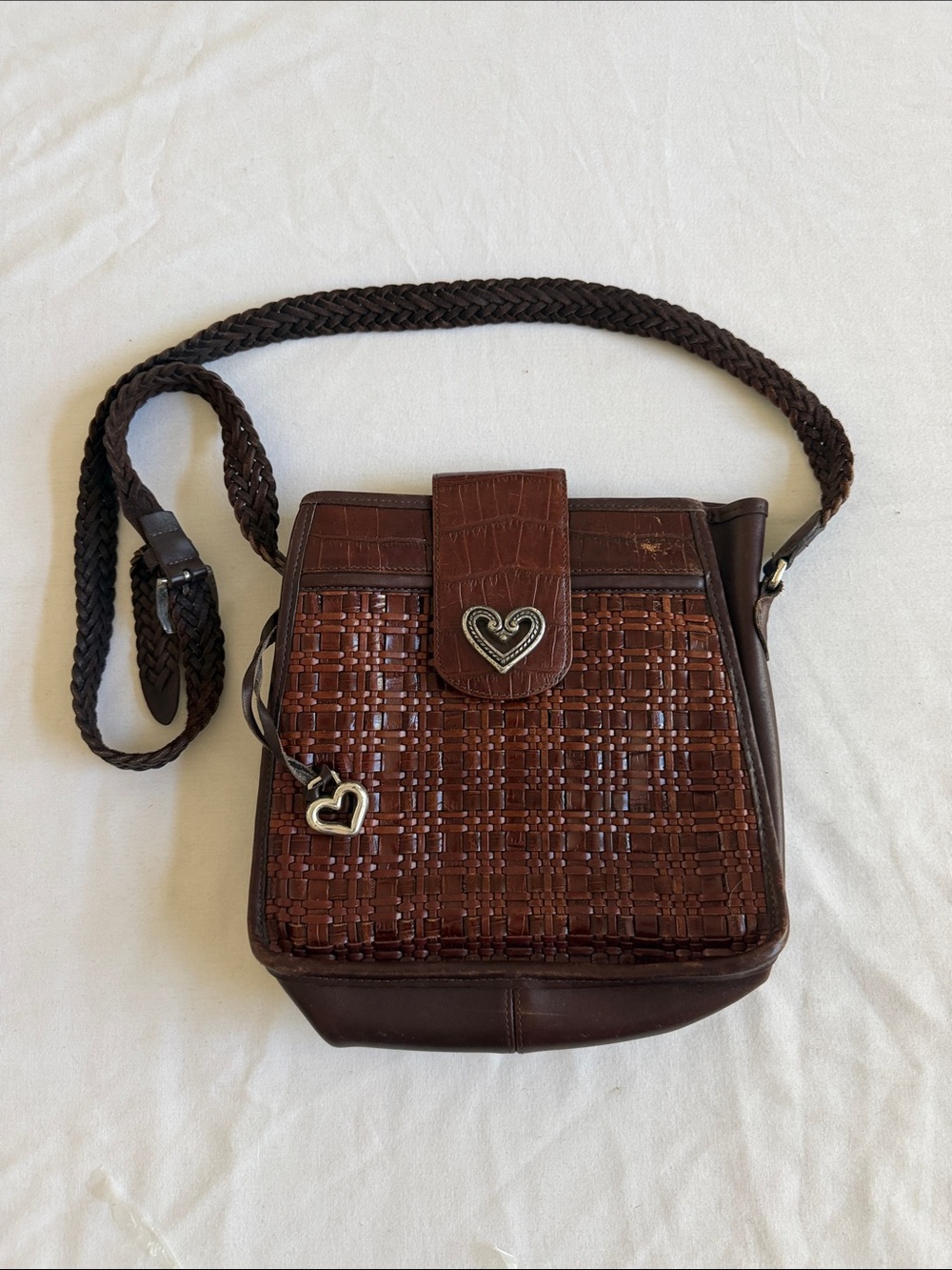 Vintage Brighton Dark Brown Woven Crossbody with Heart Charm